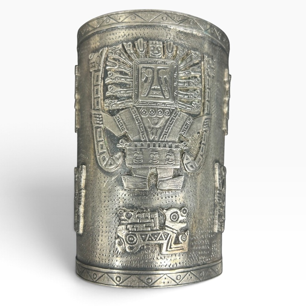 Vintage Peruvian Silver Cuff Bracelet Incan Inti Sun God Embossed 121g Patina